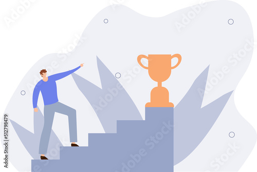 Success in business, career opportunity or business growth to reach target concept, smart successful businessman step up on wooden stairs to reach winner achievement trophy on top of the stair case.