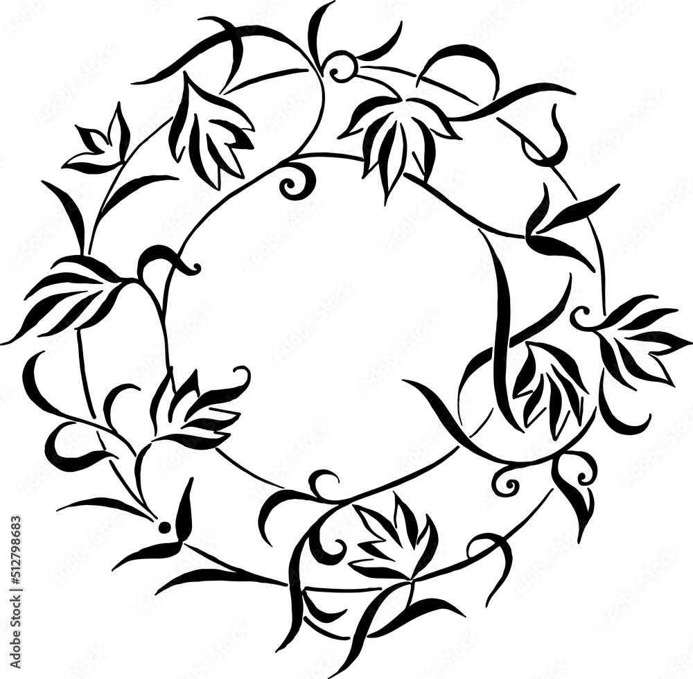 Fototapeta premium Floral ornament framed in a circle. Hand drawn compositions with decorative flowers. Outline drawing calligraphy. Vintage botanical illustrations.