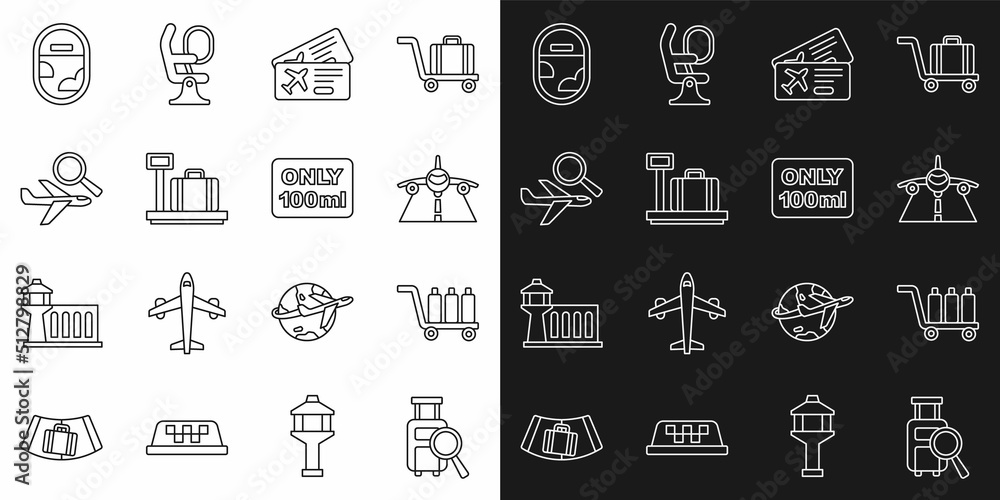 Set line Lost baggage, Trolley, Plane, Airline ticket, Scale with suitcase, Airplane search, window and Liquids carry-on icon. Vector