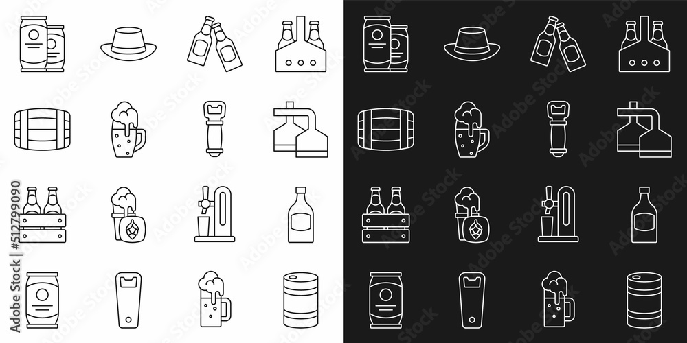 Set line Metal beer keg, Beer bottle, brewing process, Glass of, Wooden barrel, can and Bottle opener icon. Vector