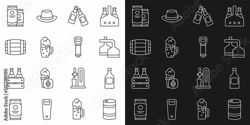 Set line Metal beer keg, Beer bottle, brewing process, Glass of, Wooden barrel, can and Bottle opener icon. Vector