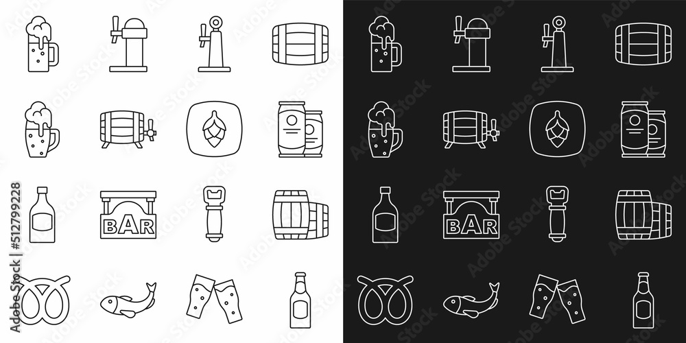 Set line Beer bottle, Wooden barrel, can, tap, Glass of beer, mug and Hop icon. Vector Set line Beer bottle, Wooden barrel, can, tap, Glass of beer, mug and Hop icon. Vector