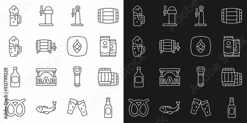 Set line Beer bottle, Wooden barrel, can, tap, Glass of beer, mug and Hop icon. Vector