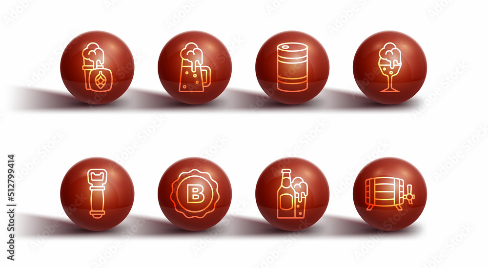 Set line Glass of beer, Bottle opener, Beer bottle and glass, cap with, Wooden mug, barrel and Metal keg icon. Vector Set line Glass of beer, Bottle opener, Beer bottle and glass, cap with, Wooden mug, barrel and Metal keg icon. Vector