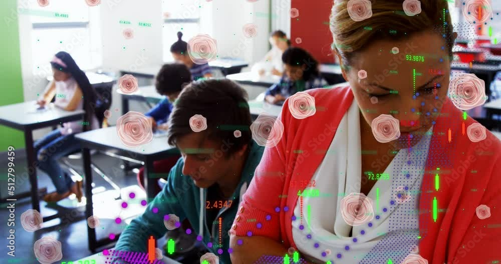 Pink flowers icons and data processing over caucasian female teacher smiling in the class at school Pink flowers icons and data processing over caucasian female teacher smiling in the class at school