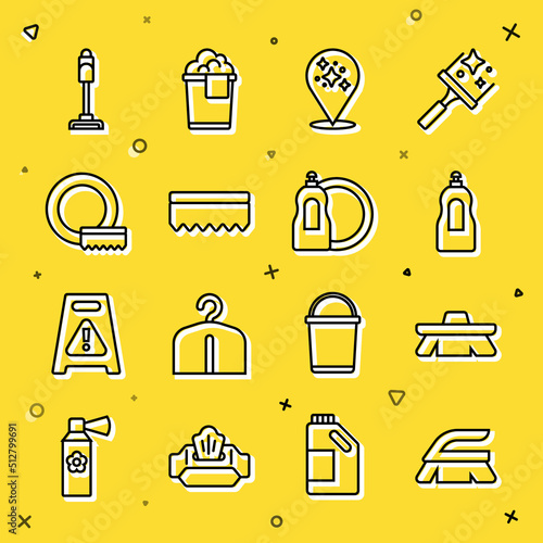 Set line Brush for cleaning, Dishwashing liquid bottle, Home service, Sponge, Washing dishes, Vacuum cleaner and icon. Vector