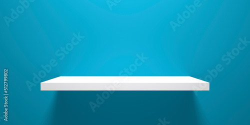 White shelf over blue wall background with copy space - 3D illustration