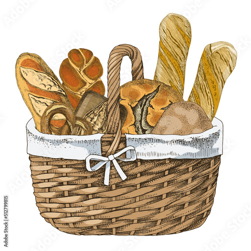 Bread and rolls in wicker basket isolated on white