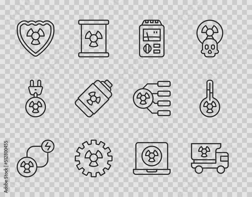 Set line Radioactive exchange energy, Truck with radiation materials, Dosimeter, in shield, Nuclear battery, laptop and Meteorology thermometer icon. Vector