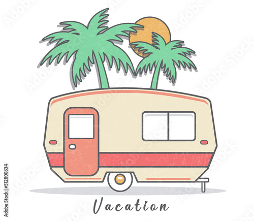 Camping trailer caravan and palmtrees vintage