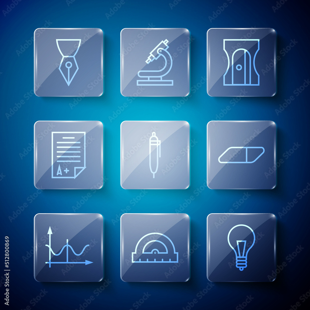 Set line Graph, schedule, chart, diagram, Protractor, Light bulb with concept of idea, Pencil sharpener, Exam sheet A plus grade, Fountain nib and Eraser rubber icon. Vector Set line Graph, schedule, chart, diagram, Protractor, Light bulb with concept of idea, Pencil sharpener, Exam sheet A plus grade, Fountain nib and Eraser rubber icon. Vector