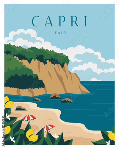 summer day in capri italy. travel poster with minimalist style vector illustration.