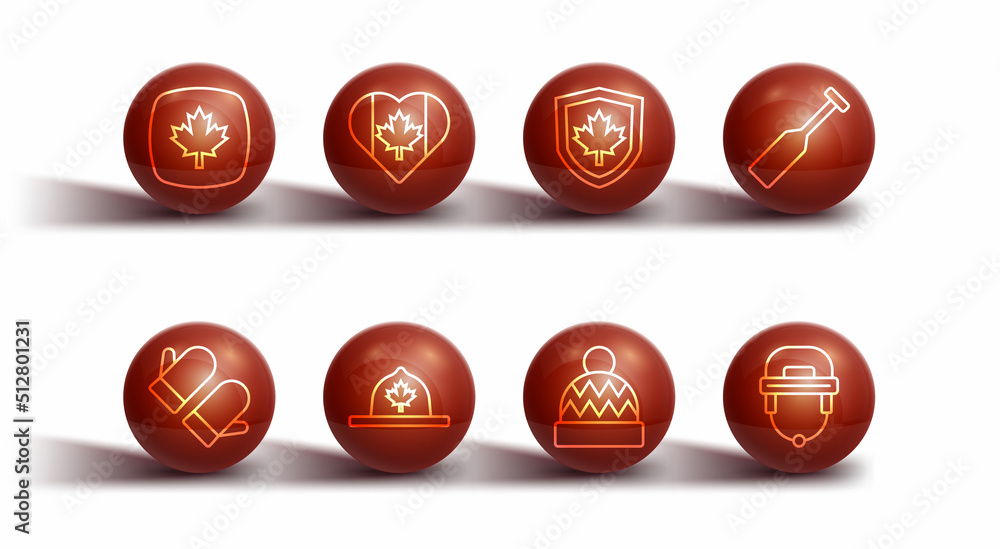 Set line Canadian maple leaf, Christmas mitten, Paddle, Beanie hat, ranger, Heart shaped Canada flag, Hockey helmet and on shield icon. Vector Set line Canadian maple leaf, Christmas mitten, Paddle, Beanie hat, ranger, Heart shaped Canada flag, Hockey helmet and on shield icon. Vector