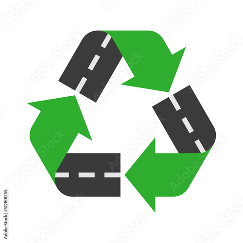 Recycling asphalt concept. Recycle sign with a road. Environmentally friendly construction industry. Reusable materials. Waste management idea. Recycled pavement. Vector illustration, flat, clip art. 