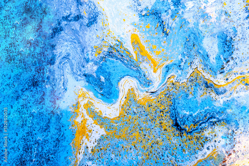 Abstract fluid art background light blue and gold colors. Liquid marble. Acrylic painting on canvas with gradient. Copy space for text, design art work. Oil painting high resolution texture, backdrop
