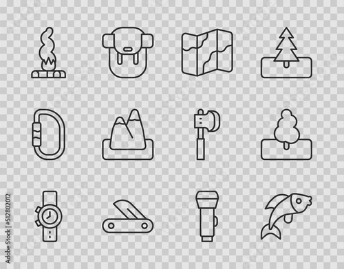Set line Wrist watch, Fish, Camping and hiking on map, Swiss army knife, Campfire, Mountains, Flashlight and Tree icon. Vector