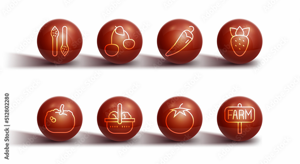 Set line Asparagus, Pumpkin, Strawberry, Tomato, Basket and food, Cherry, Location farm and Hot chili pepper icon. Vector Set line Asparagus, Pumpkin, Strawberry, Tomato, Basket and food, Cherry, Location farm and Hot chili pepper icon. Vector