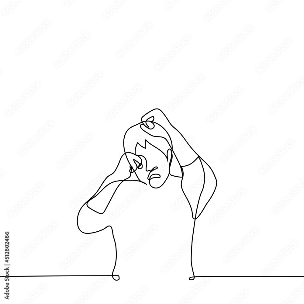 man covers his head with his hands clenched into fists - one line drawing vector. the concept of a cowardly man defending himself from a physical attack; bullying or assault man covers his head with his hands clenched into fists - one line drawing vector. the concept of a cowardly man defending himself from a physical attack; bullying or assault