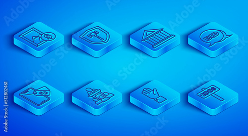 Set line Auction painting, hammer, Museum building, auctioneer sells, Hand holding, Bid, Online and paddle icon. Vector
