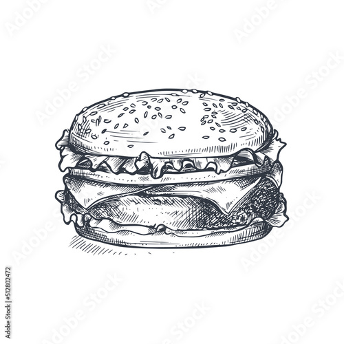 Hand drawn vector illustration of burger in sketch style. Traditional American food.