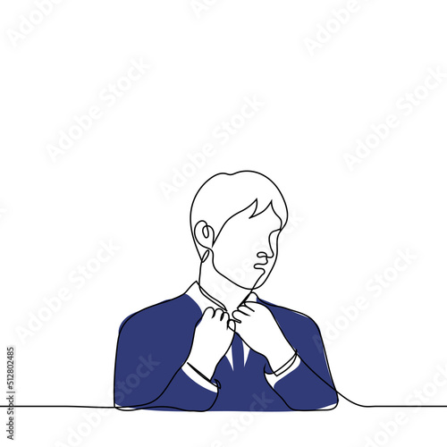 man straightens collar - one line drawing vector. a man in a blue business suit takes off his tie. concept of suffocation, dress or undress