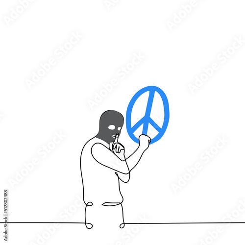 man in a balaclava draws a peace sign on the wall - one line drawing vector. concept of vandalism, graffiti, artist against war