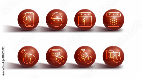 Set line Alarm clock app mobile, Food time, Calendar spring, Time is money, settings, Kitchen timer, to sleep and icon. Vector