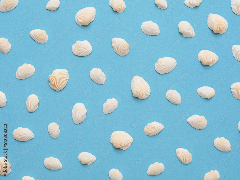 Summer minimalist mockup pattern on a blue background with white sea shells - ideal for elegant branding identities - flat lay. Tropical vacation concept.
