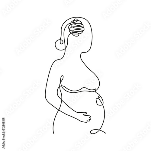 Pregnant woman outline in depression, continuous art line one drawing. Unhappy pregnancy, maternity assistance. Prenatal female with belly in doubts and trouble, anxious, asks question. Vector single