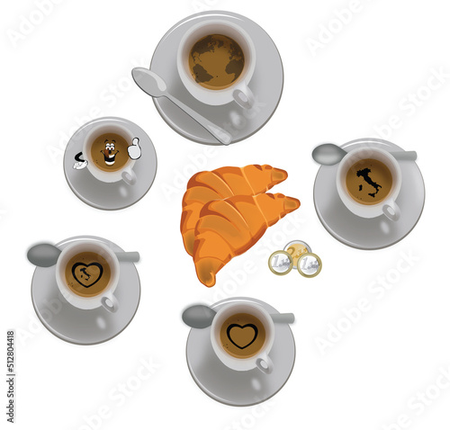 Italian coffee cups with croissant and euro photo