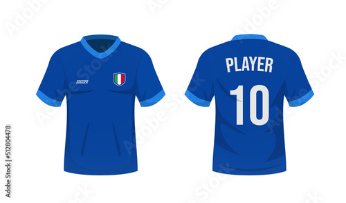 National soccer shirt of the Italy national team. Front and back view soccer uniform. Sport shirt mock up. Vector stock
