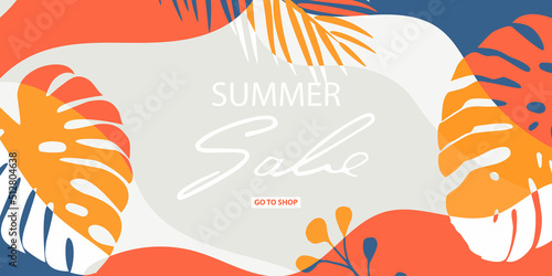 Horizontal banner with tropical leaves, plants and trendy floral blots. Bright, juicy colors. Announcement of a new collection, discounts on it, summer sale, discount. Vector