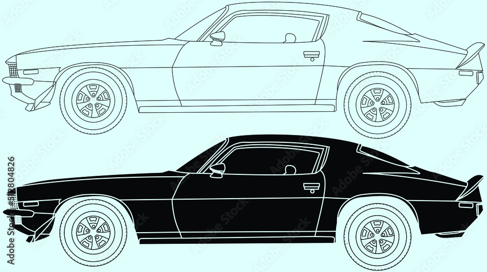 1970  Camaro Classic Car,Vector classic car illustration coloring book page for adult drawing. Paper, outlines vehicle. Graphic element. Wheel. Black contour sketch .