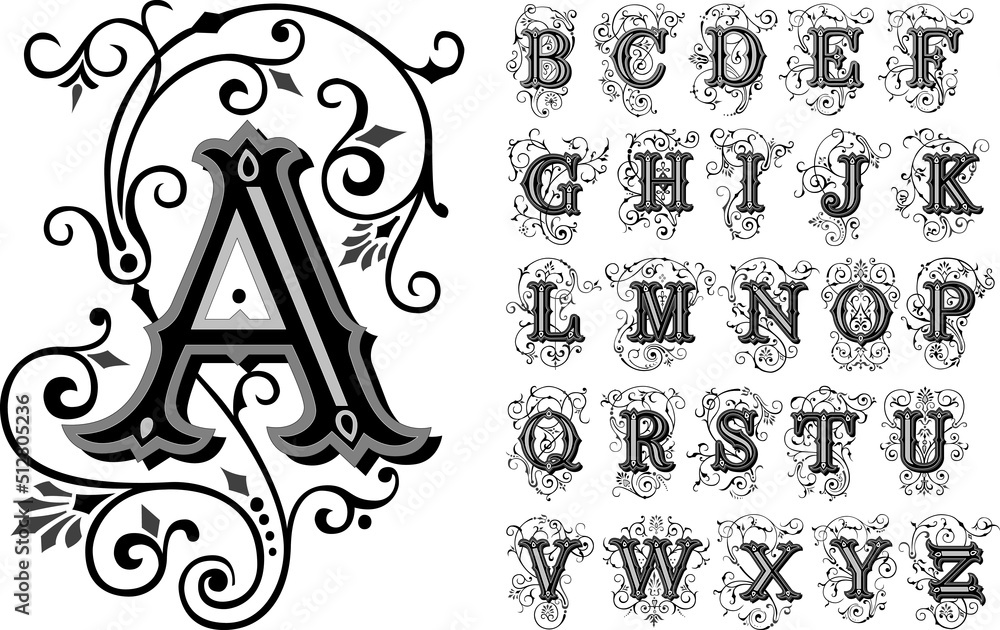 Vintage decorative font, alphabet, vector set of hand drawn decorative