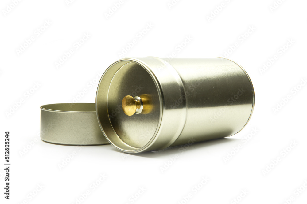 Open Bronze metal packaging container isolated on white background Open Bronze metal packaging container isolated on white background
