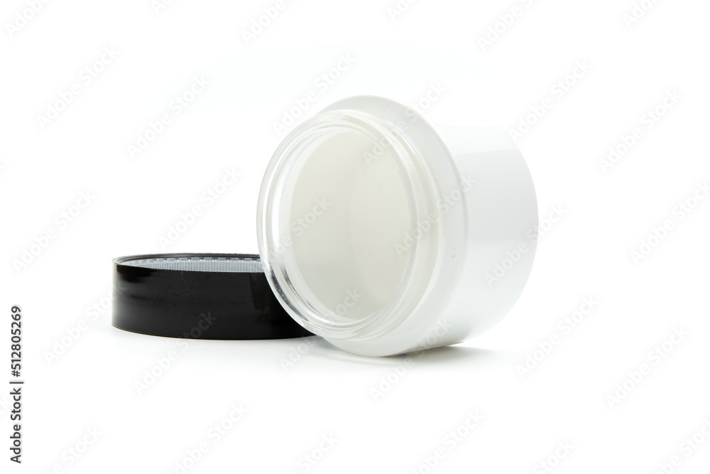 Open empty ceramic glass container with black lid isolated on white background - Side view Open empty ceramic glass container with black lid isolated on white background - Side view