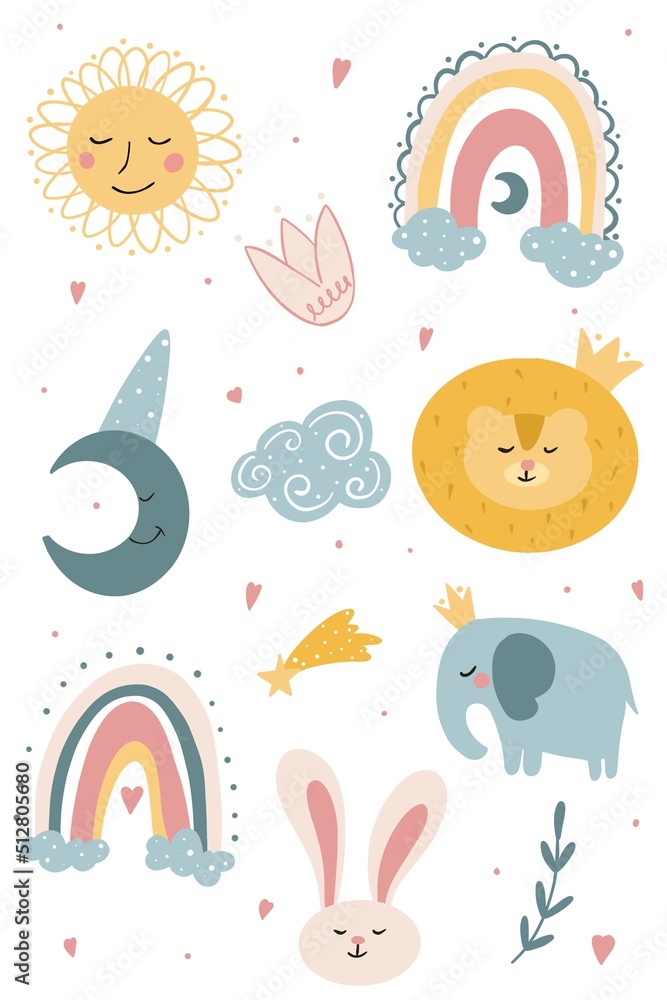 Abstract children's doodles. Illustration of a children's drawing with cute animals. Fabric template.