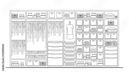 Linear  front  sketch wardrobe interior with the filling on white background