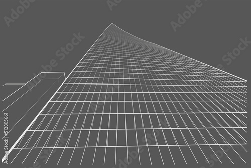 Linear abstract arcitectural sketch multi-storey building in tree-point perspective on gray background
