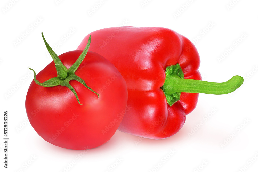 Tomato and pepper on an isolated white background. Red tomato and red pepper Tomato and pepper on an isolated white background. Red tomato and red pepper