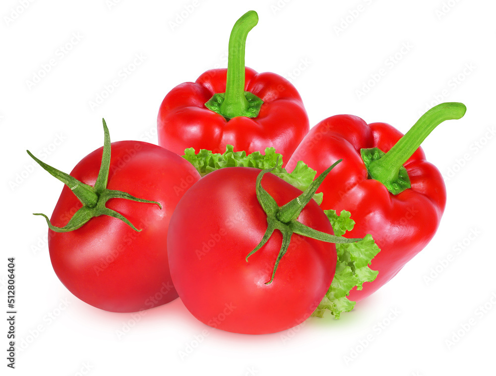 Tomatoes and peppers on an isolated white background. Red pepper and red tomato Tomatoes and peppers on an isolated white background. Red pepper and red tomato