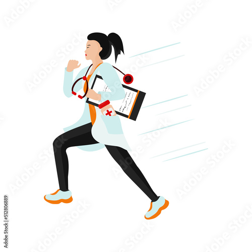 A woman doctor runs to help. Vector illustration in a flat style.