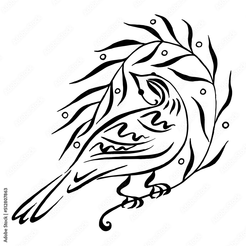 Obraz premium Bird on a branch of leaves pattern. Linear bird and leaves, line drawings, ink drawing, hand drawn ornamental illustration. Illustration for greeting cards, invitations, and other printing projects.