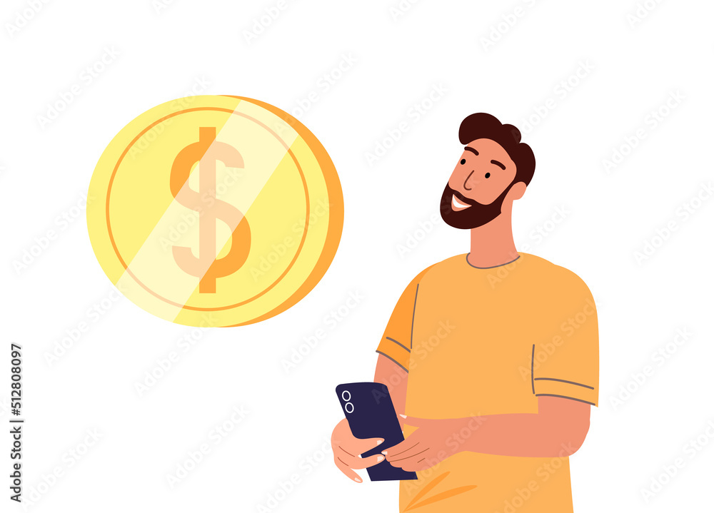 Happy Smiling Man Male Character Look on Smartphone Screen with Dollar Sign Golden Coin.Online Money Transaction Transfer,Pension Deductions,Mobile Savings Account,Deposit.People Vector Illustration Happy Smiling Man Male Character Look on Smartphone Screen with Dollar Sign Golden Coin.Online Money Transaction Transfer,Pension Deductions,Mobile Savings Account,Deposit.People Vector Illustration