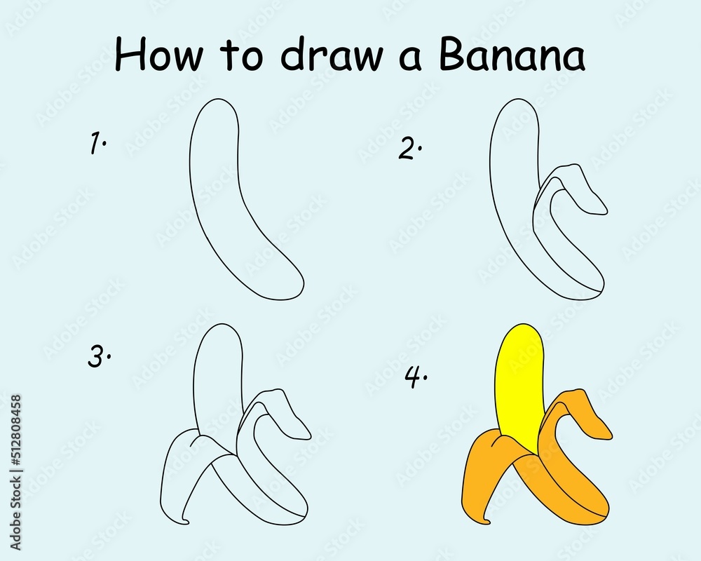 Step by step to draw a Banana. Drawing tutorial a Banana. Drawing lesson for children. Vector