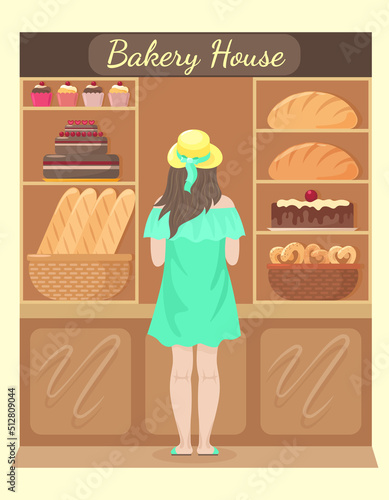 A girl in a light green dress chooses bread and pastries in front of a showcase in a bakery