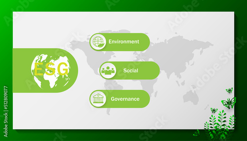 ESG infographic with icon. concept of business trend. environmental, social, and governance in sustainable and ethical business on the Network connection. with globe
on a green background.