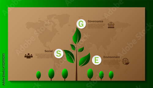 ESG infographic with icon. concept of business trend. environmental, social, and governance in sustainable and ethical business on the Network connection. with globe
on a green background.