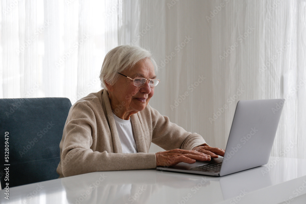 Portrait of elderly woman figuring out how to use a laptop. Older adult female learning about internet. Senior education. Digital health technology concept. Close up, copy space, background. Portrait of elderly woman figuring out how to use a laptop. Older adult female learning about internet. Senior education. Digital health technology concept. Close up, copy space, background.