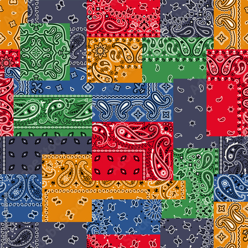 Colorful paisley bandana fabric patchwork abstract vector seamless pattern